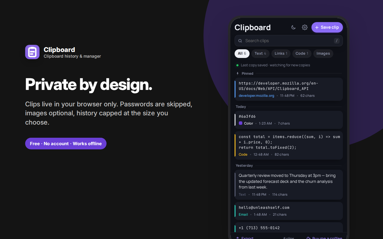 Private by design. — Clipboard History – Copy & Paste Manager