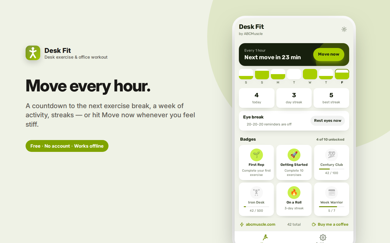 Move every hour. — Desk Fit – Office Exercise & Eye Break Reminders