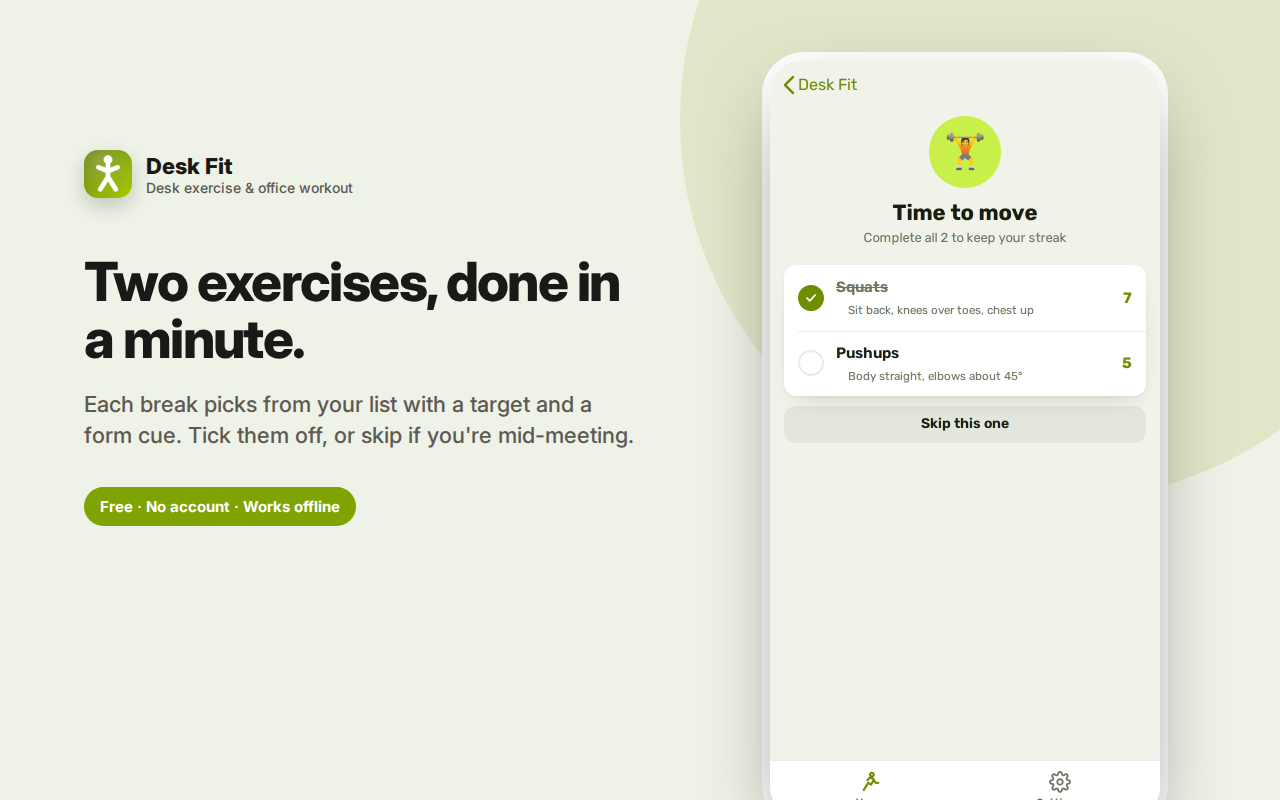 Two exercises, done in a minute. — Desk Fit – Office Exercise & Eye Break Reminders
