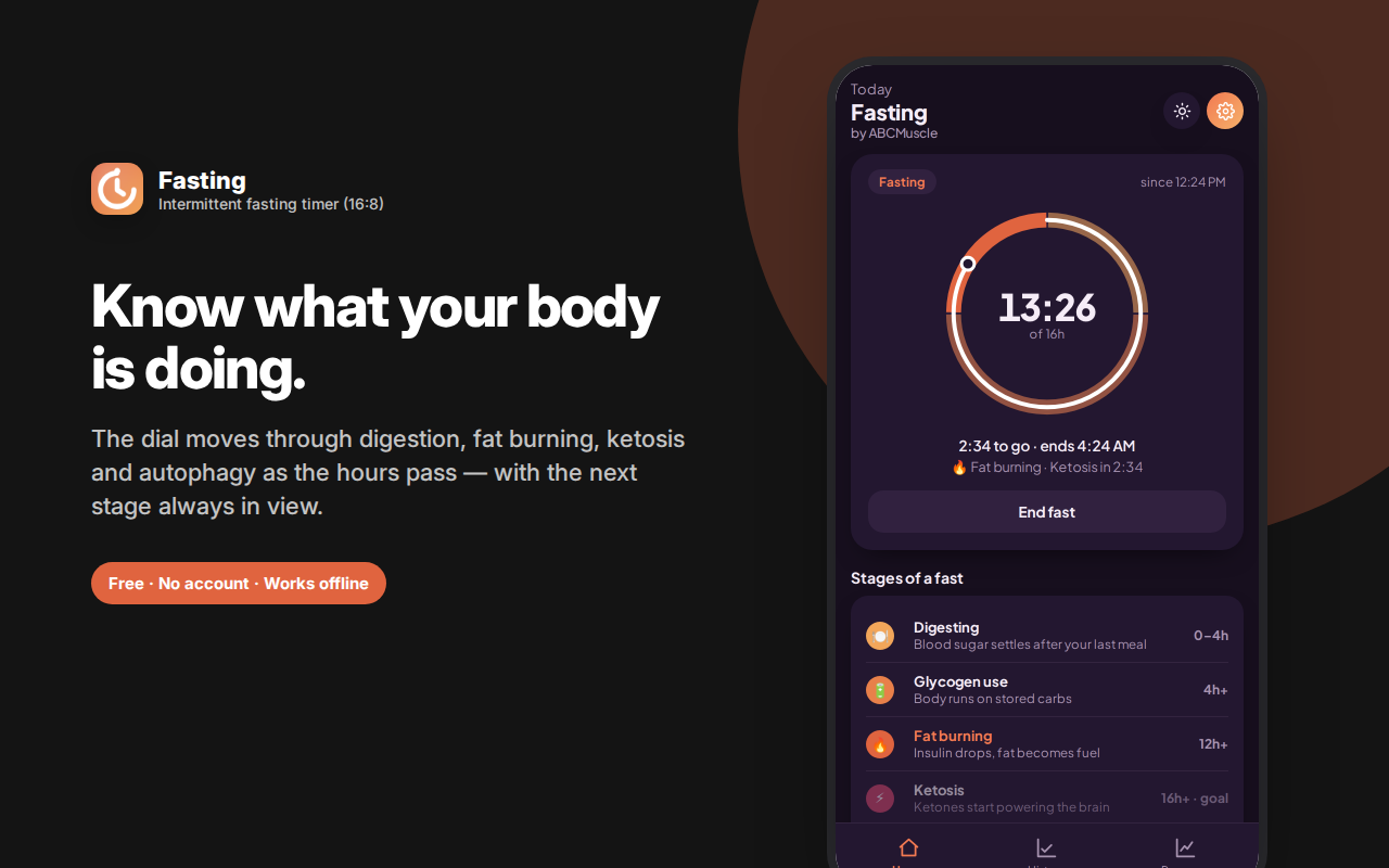 Know what your body is doing. — Fasting Tracker – 16:8 Intermittent Fasting Timer