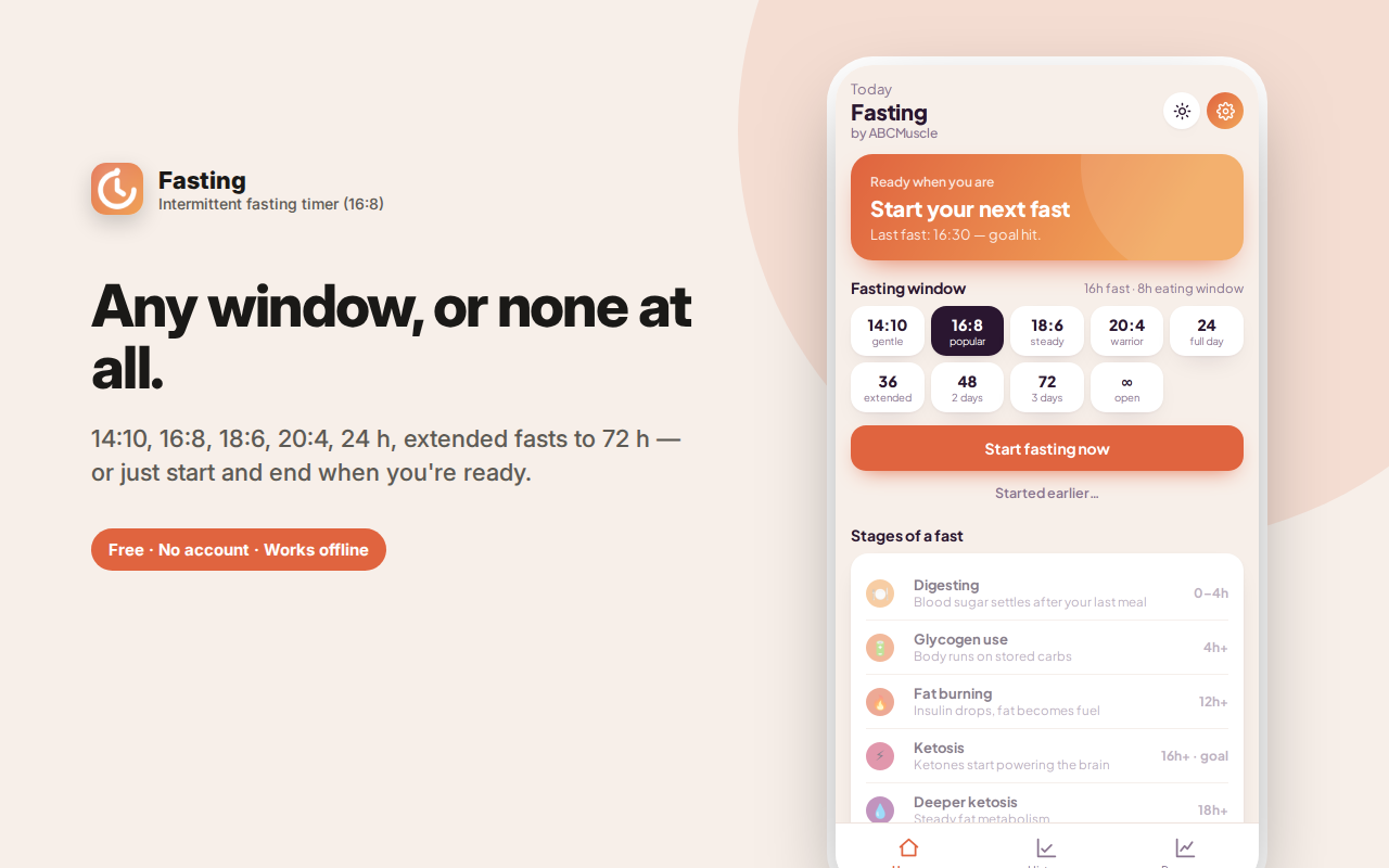 Any window, or none at all. — Fasting Tracker – 16:8 Intermittent Fasting Timer