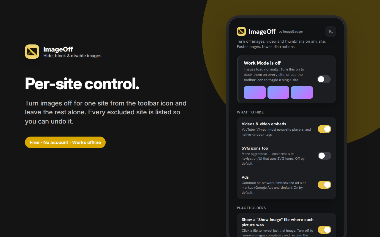 Per-site control. — ImageOff – Hide Images, Video & Ads for Focus