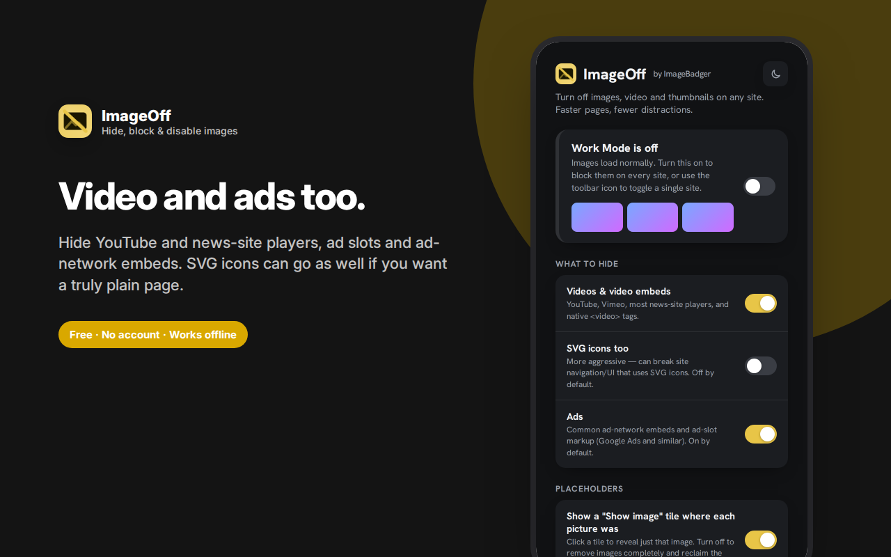 Video and ads too. — ImageOff – Hide Images, Video & Ads for Focus