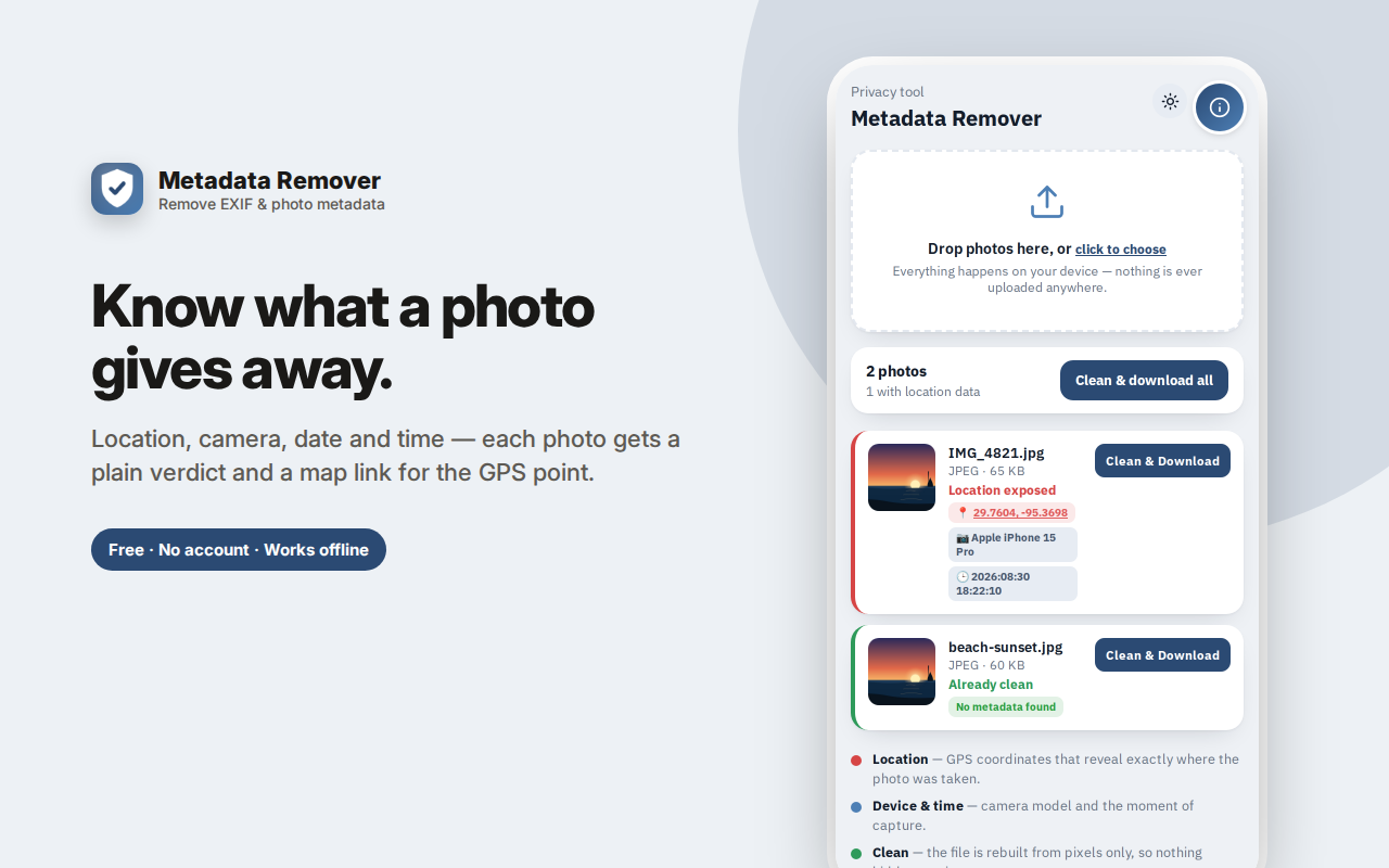 Know what a photo gives away. — Metadata Remover – Strip EXIF & GPS from Photos