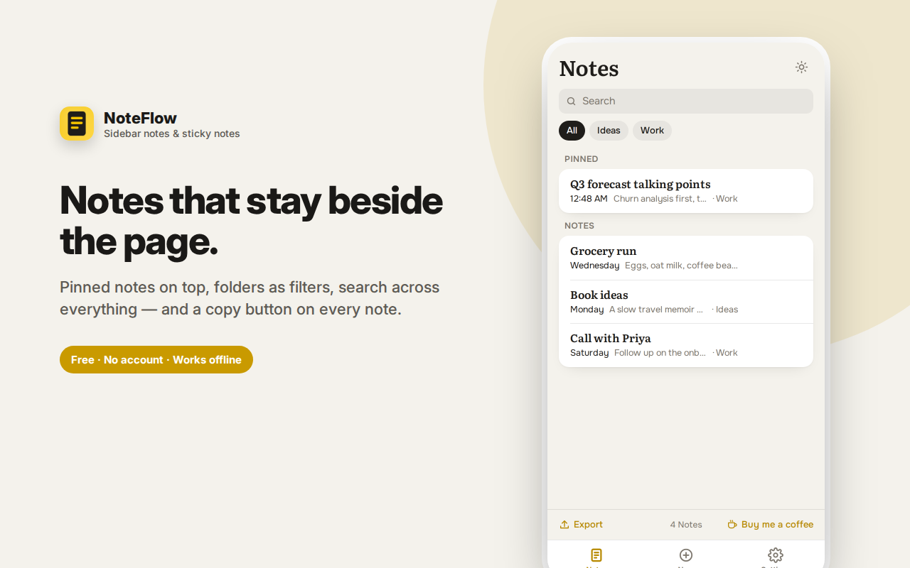 Notes that stay beside the page. — NoteFlow – Sidebar Notes, Checklists & Folders