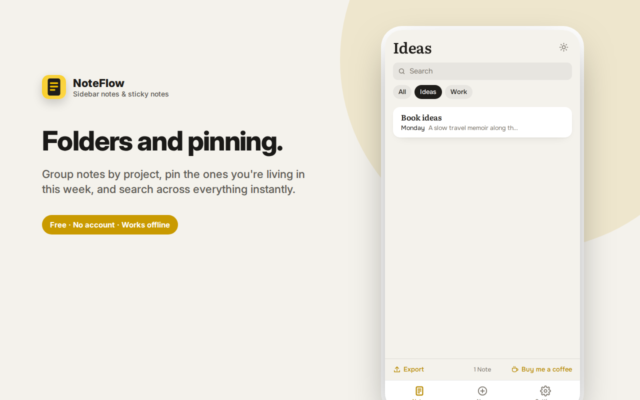 Folders and pinning. — NoteFlow – Sidebar Notes, Checklists & Folders