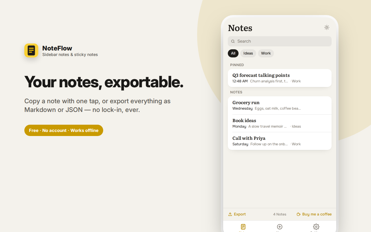 Your notes, exportable. — NoteFlow – Sidebar Notes, Checklists & Folders