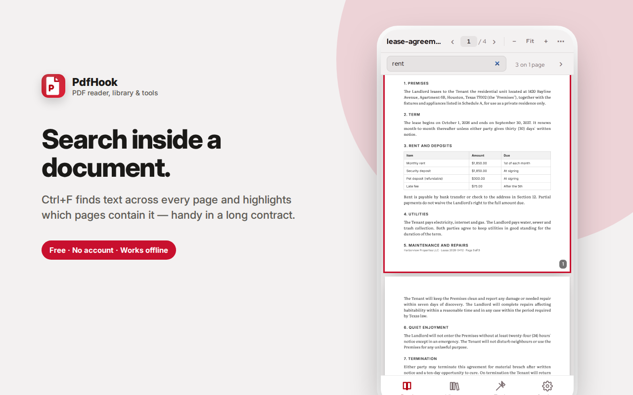 Search inside a document. — PdfHook – PDF Reader, Merge, Split & Convert