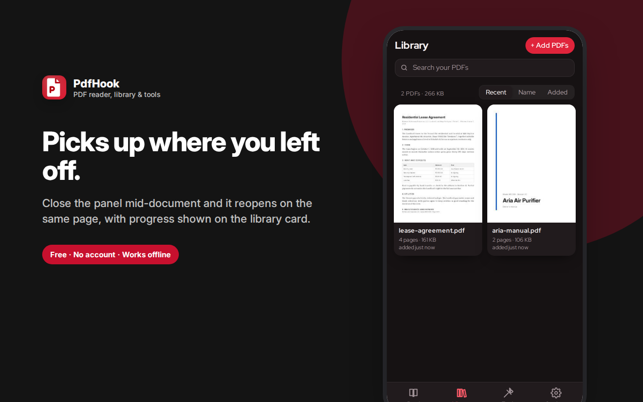 Picks up where you left off. — PdfHook – PDF Reader, Merge, Split & Convert