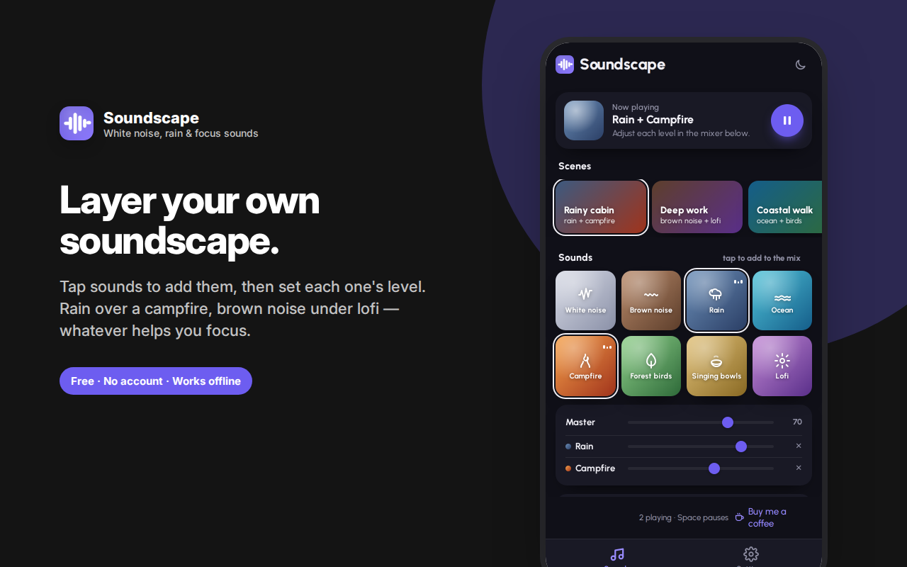 Layer your own soundscape. — Soundscape – Rain, White Noise & Focus Sounds