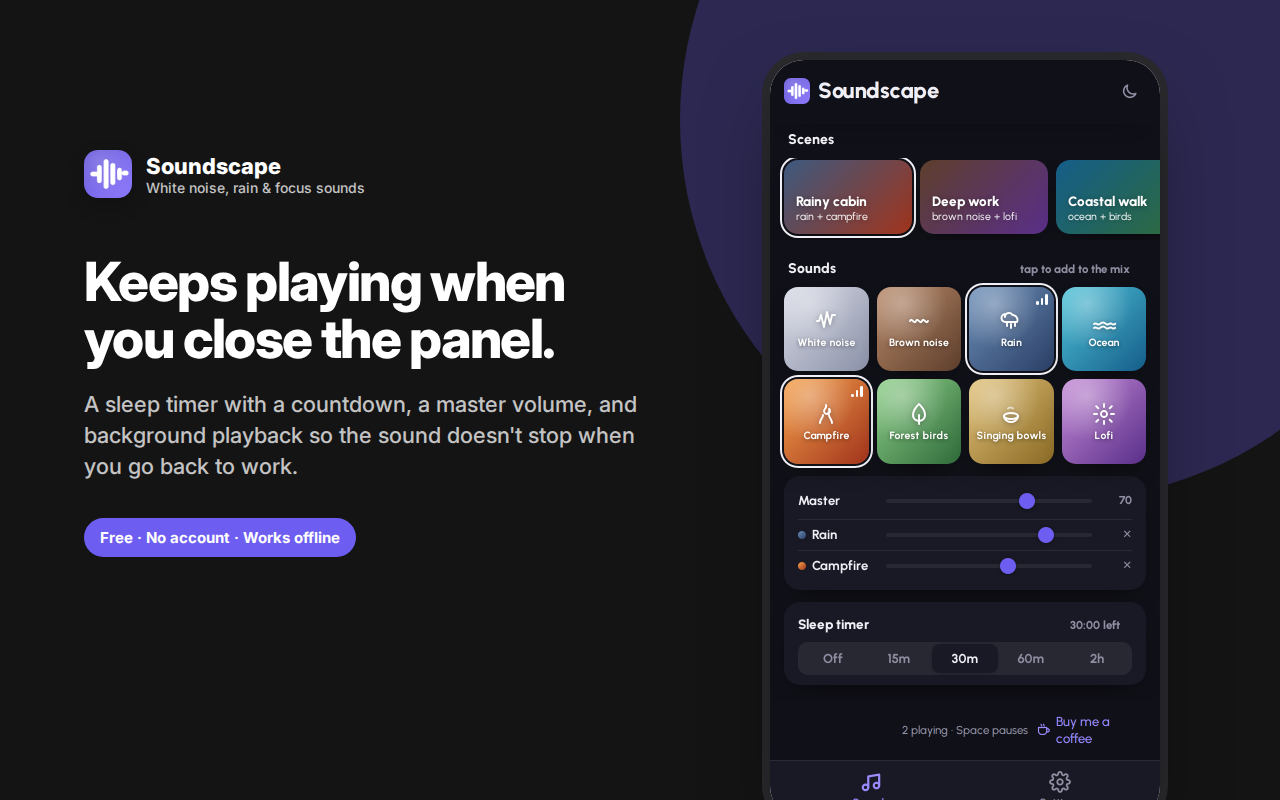 Keeps playing when you close the panel. — Soundscape – Rain, White Noise & Focus Sounds