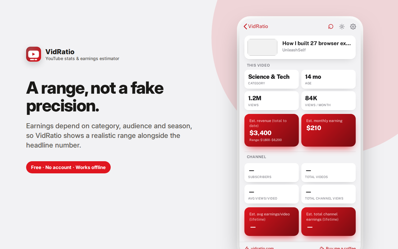 A range, not a fake precision. — VidRatio – YouTube Stats & Earnings Estimator