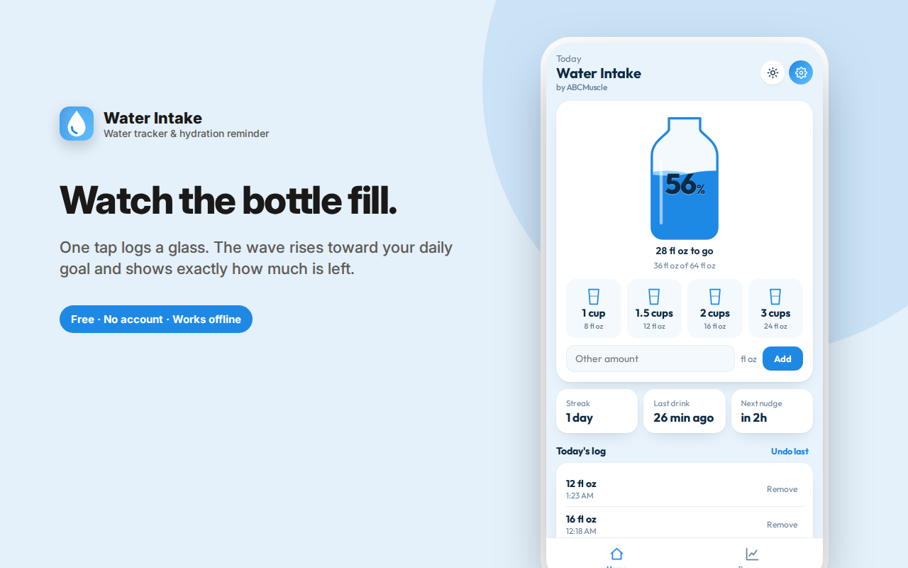 Watch the bottle fill. — Water Intake – Hydration Tracker & Reminder