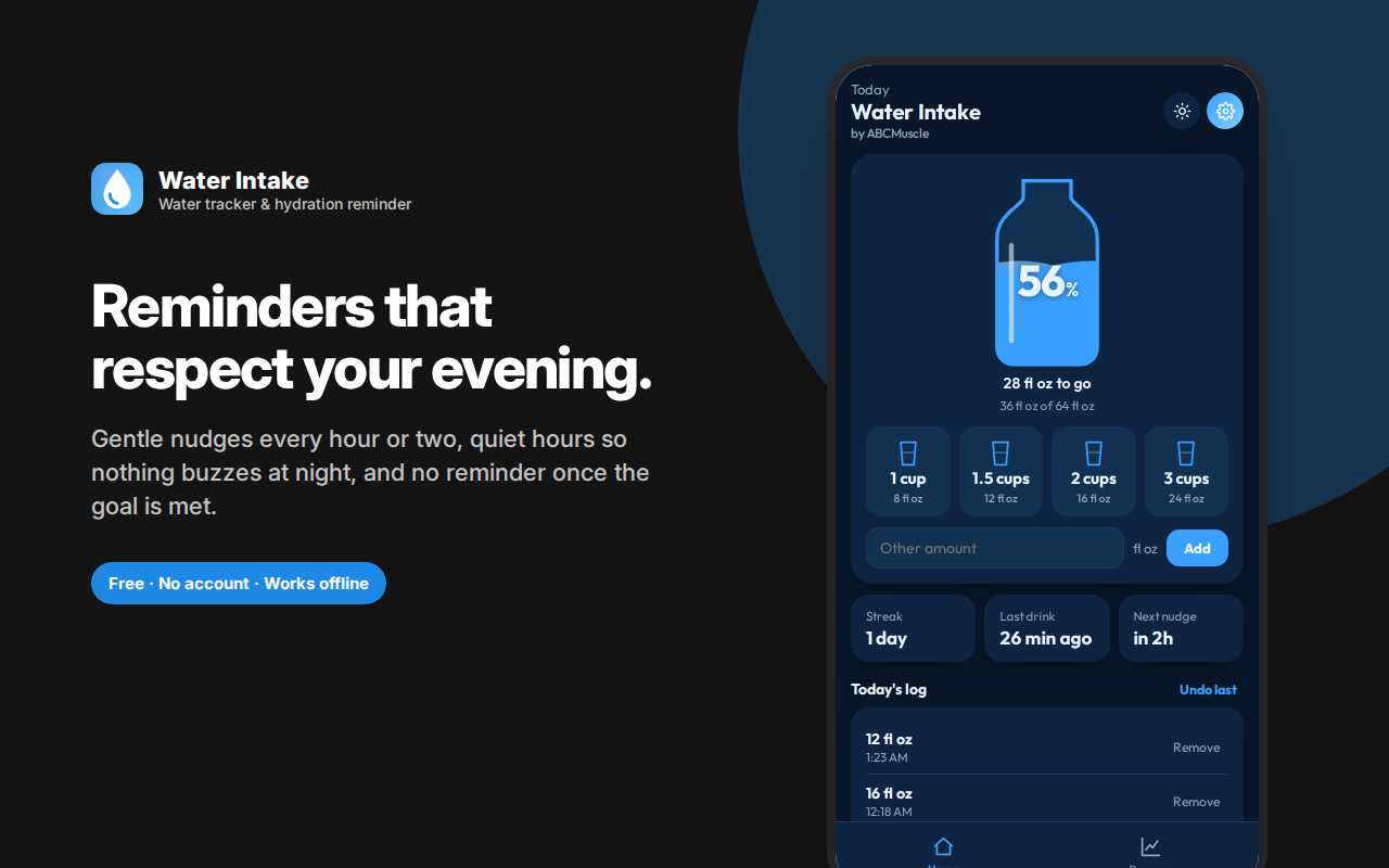 Reminders that respect your evening. — Water Intake – Hydration Tracker & Reminder
