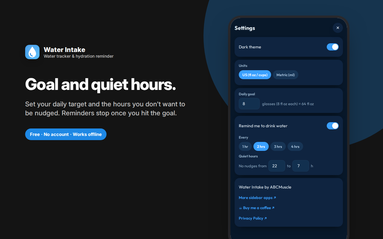 Goal and quiet hours. — Water Intake – Hydration Tracker & Reminder
