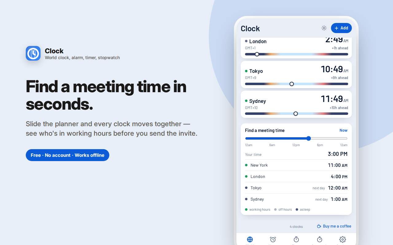 Find a meeting time in seconds. — Clock – World Clock, Alarm, Timer & Stopwatch