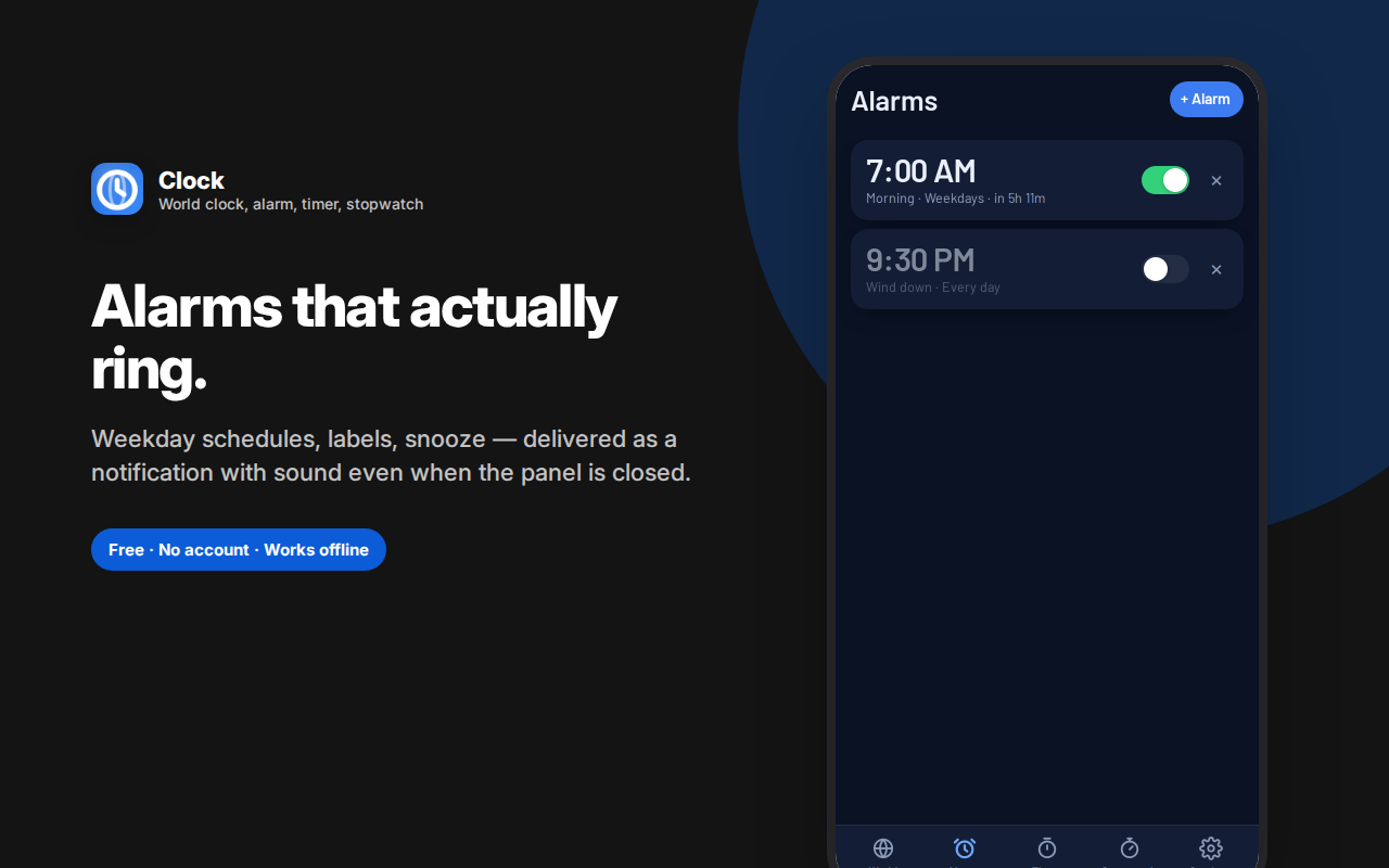Alarms that actually ring. — Clock – World Clock, Alarm, Timer & Stopwatch